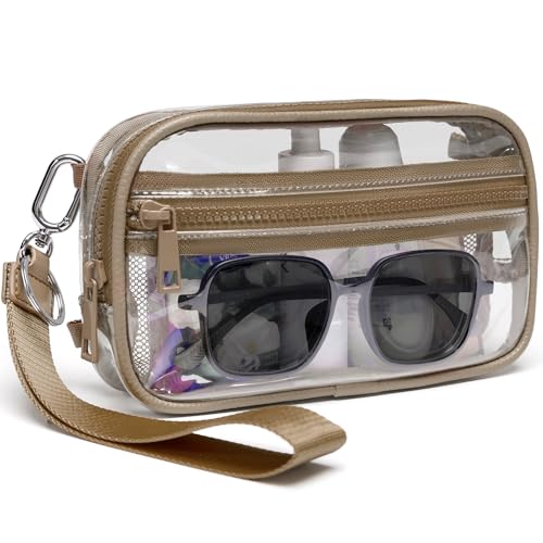 FODOKO Wristlet wallets for Women RFID crossbody bags with 4 Zippers - color: Clear-caramel