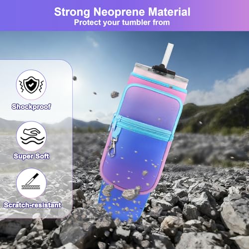 LEFOR·Z Water Bottle Carrier Bag with Phone Pocket Compatible with Stanley/Meoky 40 oz Tumbler with Handle,Water Bottle Holder Pouch with Adjustable Strap Compatible with Stanley Cup Accessories - color: Deep Blue-Purple Gradient-Style B