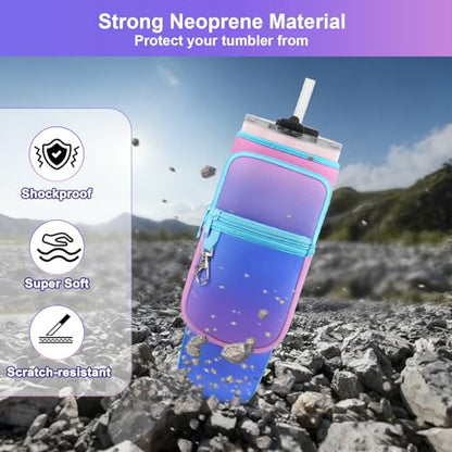 LEFOR·Z Water Bottle Carrier Bag with Phone Pocket Compatible with Stanley/Meoky 40 oz Tumbler with Handle,Water Bottle Holder Pouch with Adjustable Strap Compatible with Stanley Cup Accessories - color: Deep Blue-Purple Gradient-Style B
