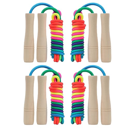 Jump Rope for Kids, Children Adjustable Cotton Skipping Rope with Wooden Handle for Boys Girls Fitness Outdoor Activity - color: Rainbow x4