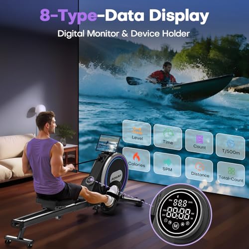 Rowing Machines for Home, 16/32-Level Adjustable Resistance, Magnetic Rowing Machine with App Supported, 350/400 LB Weight Capacity, Upgraded Dual Slide Rails with LCD Data Display Screen - color: Purple