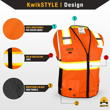 KwikSafety BIG KAHUNA Safety Vest Class 2 ANSI OSHA Hi Vis Reflective Vest - color: Orange, size: Large