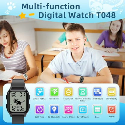 EZON T048 Digital Kids Watch for Teens Girls Boys,Sport Watch with Virtual Pet Cat Step Counter Stopwatch Pedometer Timer Alarm, No App Waterproof Fitness Tracker for Ages 7-18 - color: White
