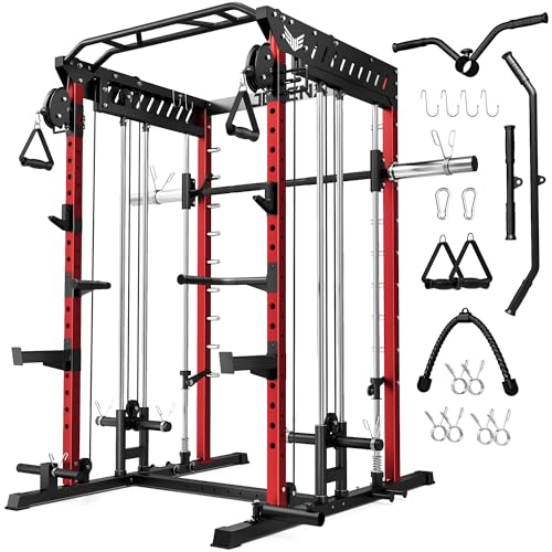 JELENS M21 Smith Machine, Multi-Function Power Cage with Dual Pulley Cable Crossover System, 2000LBS All-in-One Squat Rack with Smith Bar and Attachments - color: Red, size: M21 Smith Machine