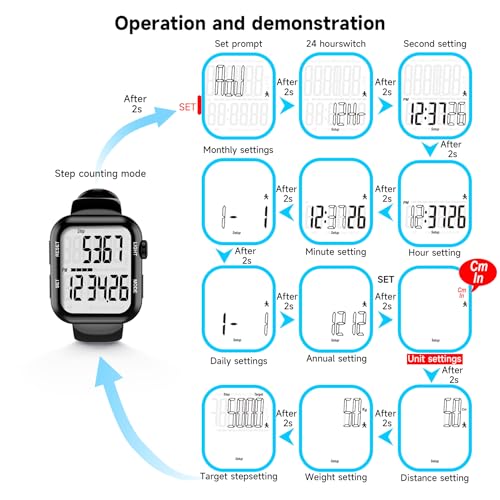 Pedometer Watch, Multi-Function Pedometer for Walking Steps and Miles, 3D Super Accurate Step Counter, Track Steps for Men Women Seniors - color: Black