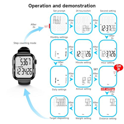 Pedometer Watch, Multi-Function Pedometer for Walking Steps and Miles, 3D Super Accurate Step Counter, Track Steps for Men Women Seniors - color: Black