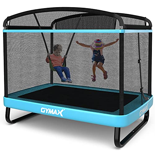 GYMAX Trampoline for Kids, 6FT Toddler Trampoline with Swing & Enclosure Safety Net, ASTM Approved Rectangle Recreational Trampoline for Indoor/Outdoor, Birthday for Baby Boys & Girls - color: Blue