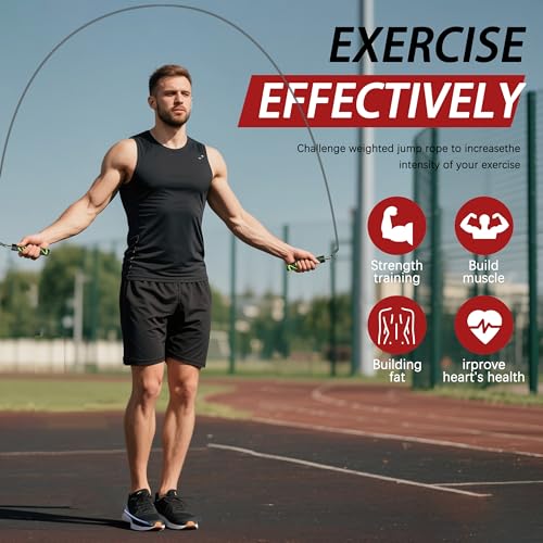 Weighted Jump Rope for Men Women -Interchangeable 1/5lb 1/4lb 1/2lb Heavy jump ropes - 360 Degree Spin - Length Adjustable,Ergonomics Leather Grip Skipping Rope for Fitness Weight Loss & More - color: Black