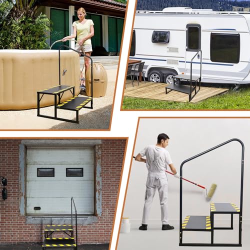 2 Step RV Stairs, Hot Tub Steps, Outdoor Spa Step Ladder with Handrail,Portable Economy 5th Wheel Stair for Travel Trailer, Motor Home, Camper and Porch with Non-Skid Tapes - size: RV Stairs - 2 Step with Single Handrail