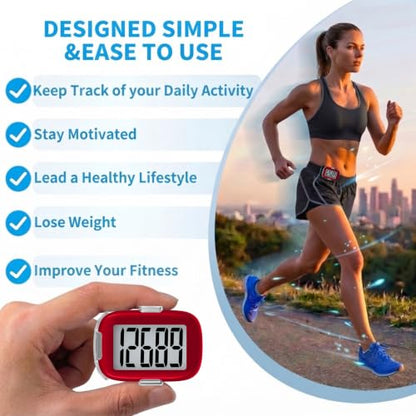 3D Pedometer for Walking, Simple Step Counter with Clip & Lanyard -Ruby Red