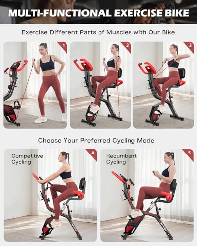 pooboo Folding Magnetic X‑Bike, Upright Exercise Bike for Home Gym - color: Black & Scarlet