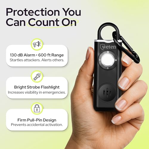 Rechargeable Personal Safety Alarm Keychain, 130dB, USB-C Charging, Black - color: Black