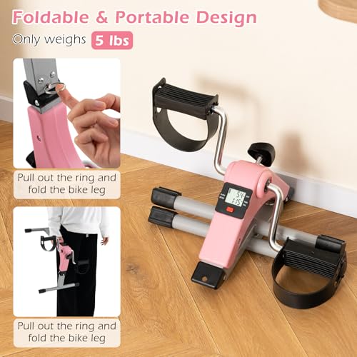 Goplus Folding Pedal Exerciser, Under Desk Mini Exercise Bike for Arm & Leg Workout, Portable Desk Bike Peddler Machine w/ Adjustable Resistance & LCD Display for Adults Seniors, Home & Office