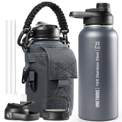 ONETIGRIS 32oz Insulated Tactical Water Bottle with Straw & MOLLE Sleeve - color: Gray