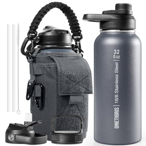 ONETIGRIS 32oz Insulated Tactical Water Bottle with Straw & MOLLE Sleeve - color: Gray