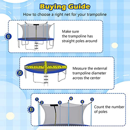 GYMAX Trampoline Net, Enclosure for 8 10 12 14 15 16Ft Round Trampolines - style: Inside Net 15FT 10Poles
