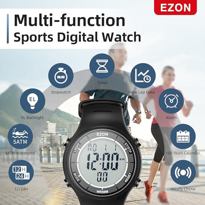 EZON Digital Watch with Stopwatch Countdown Timer Alarm EL Backlight,Ultra-Thin Large Display 5ATM Waterproof Digital Wrist Watches for Men Women - color: Matte Black