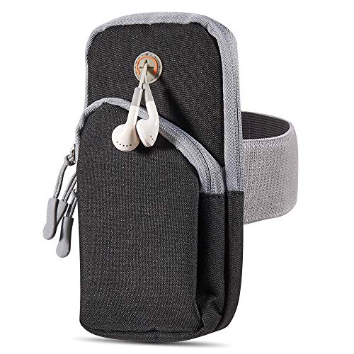 VanGoddy Sports Armband for Gym and Workout, Canvas Cell Phone Holder with 2 Zip Pockets, Adjustable 10 to 15 in Strap, Fits 6.15 in Phones, Headphone Port, Gray