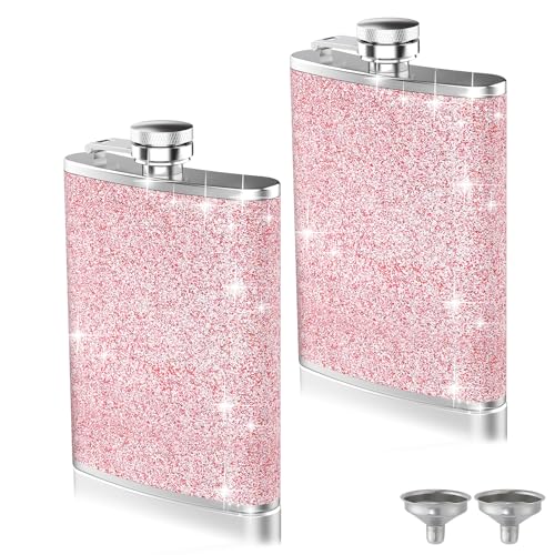 2-Pack 8 Oz Bling Hip Flasks for Liquor, Hianjoo Leakproof Thin Stainless Steel Flasks Pocket Flask with Funnel for Women, Portable Metal Flask for Camping Outdoor Activity Wedding Party Gift, Pink - color: Pink
