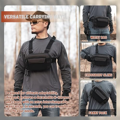 Tactical Chest Rig Pack for Men and Women, Low Profile Utility CCW Chest Bag with Gun Holster for Outdoor Hiking Hunting Gravel Cycling Biking - color: Gray