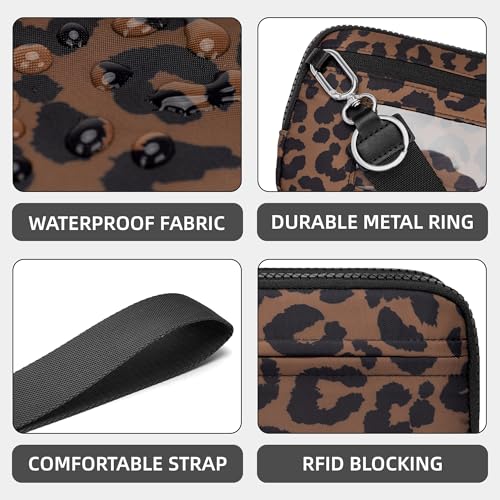 FODOKO Wristlet wallets for Women RFID crossbody bags with 4 Zippers - color: Brown Leopard