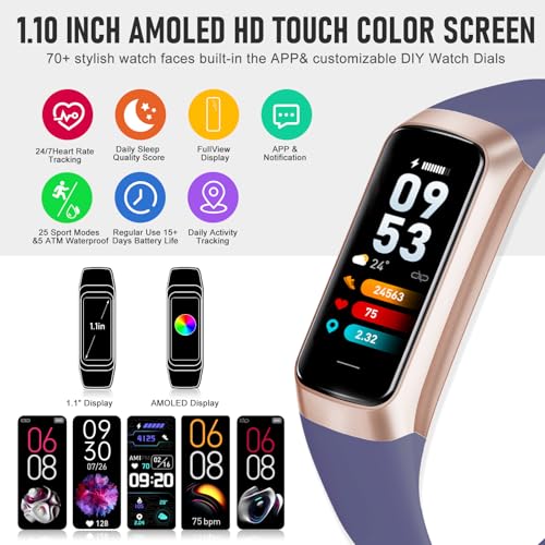 Fitness Tracker with 24/7 Heart Rate, Activity Trackers with Blood Pressure Sleep Monitor, 1.10" AMOLED Screen Step Tracker, Waterproof Step Counter, Health Smart Watch Pedometer for Women Men - color: Metallic Purple