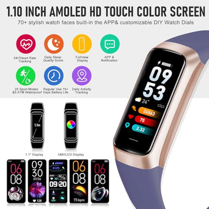 Fitness Tracker with 24/7 Heart Rate, Activity Trackers with Blood Pressure Sleep Monitor, 1.10" AMOLED Screen Step Tracker, Waterproof Step Counter, Health Smart Watch Pedometer for Women Men - color: Metallic Purple
