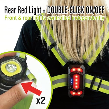 Running Light Vest for Night Safety, USB-C Rechargeable Hands-Free Chest Light, Spotlight/Floodlight, Reflective Vest Light for Runners & Dog Walking, Front White + Rear Red, IPX4