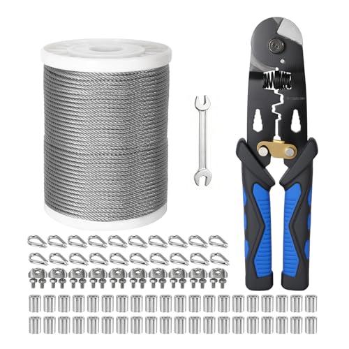 1/8 Inch Stainless Steel Cable 200FT,- 7x7 Strand Aircraft Wire Rope,with Loop Sleeve and Steel Thimble,Wire Clamp Clip,Outdoor Hanging kit, Garden Fence, Marine, DIY Projects - size: 1/8 inch 200FT, style: 1/8 inch