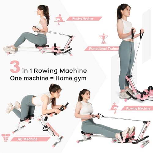 Tousains 3 in 1 Foldable Rowing Machine, AB Machine with 3 Level Angle & Led Monitor, Multi-Functional Rower Fitness Equipment Home Gym Full Body Fitness Machine - color: pink