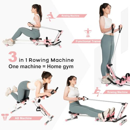 Tousains 3 in 1 Foldable Rowing Machine, AB Machine with 3 Level Angle & Led Monitor, Multi-Functional Rower Fitness Equipment Home Gym Full Body Fitness Machine - color: pink