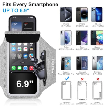 HAISSKY Running Armband with Zipper Pocket Sweatproof Running Phone Holder - color: Grey(Up to 6.9")