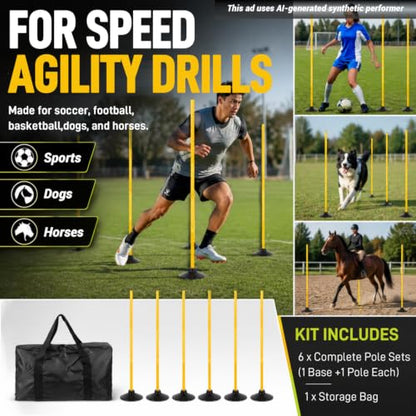6 Pcs 5 FT Adjustable Agility Training Poles for Soccer,Basketball,Football, Horse,Dog-Speed and Agility Training Equipment Sports Training Poles with Rubber Bases and Bag - color: yellow