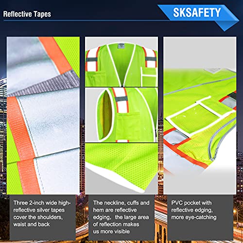 SKSAFETY 10 Pockets Safety Vest, Class 2 High Visibility Security with Zipper Double-sided mesh, Hi Vis Vest with Reflective Strips, ANSI/ISEA Standard, Construction Work Vest （Lime, 4XL） - color: Yellow Mesh, size: 4X-Large
