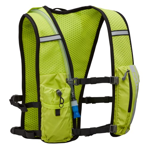 Nathan Hypernight QuickStart 2.0 4 Liter Hydration Pack w/ 1.5L Bladder, Reflective to Be Seen at Night, Front Water Bottle Pockets, Moisture Wicking, Unisex - style: Hi Vis Yellow/Geo Print