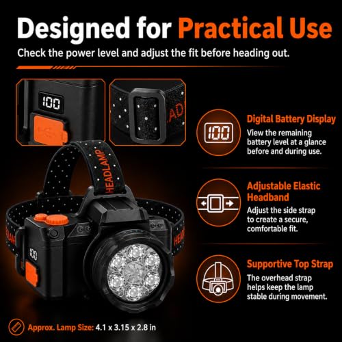 LED Headlamp with Motion Sensor and Battery Display, 7 LED Head Lamp with 6 Light Modes and Adjustable Elastic Headband, Hands Free Headlight for Adults, Camping, Hiking, Fishing and Outdoor Work