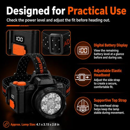 LED Headlamp with Motion Sensor and Battery Display, 7 LED Head Lamp with 6 Light Modes and Adjustable Elastic Headband, Hands Free Headlight for Adults, Camping, Hiking, Fishing and Outdoor Work