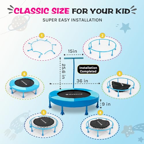 SkyBound 36 Inch Indoor Trampoline for Kids - Kids Trampoline Indoor with Handle - Toddler Trampoline with Upgraded 2.0mm Steel Pipe and Handlebar - Mini Indoor Trampoline for Kids Age 3 and Above - style: Rocket