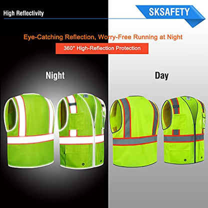 SKSAFETY 10 Pockets Safety Vest, Class 2 High Visibility Security with Zipper Double-sided mesh, Hi Vis Vest with Reflective Strips, ANSI/ISEA Standard, Construction Work Vest （Lime, 4XL） - color: Yellow Mesh, size: 4X-Large