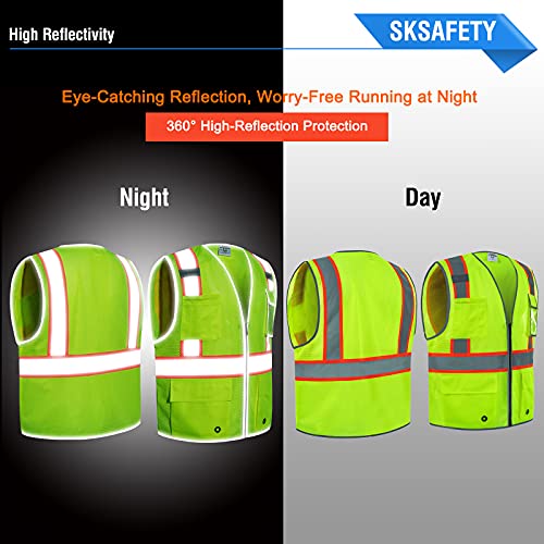 SKSAFETY 10 Pockets Safety Vest, Class 2 High Visibility Security with Zipper Double-sided mesh, Hi Vis Vest with Reflective Strips, ANSI/ISEA Standard, Construction Work Vest （Lime, 3XL） - color: Yellow Mesh, size: 3X-Large