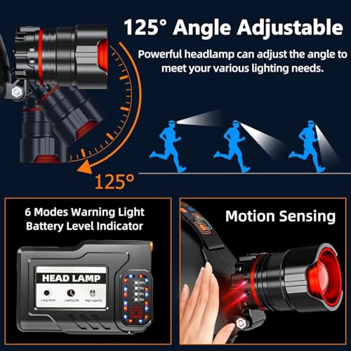 UVER Rechargeable LED Headlamp 125° Wide Angle LED Headlamp Rechargeable, Super Bright 90000LM Head Lamp with 8 Light Modes, IPX7 Waterproof Headlight for Camping Hiking Running Fishing Work