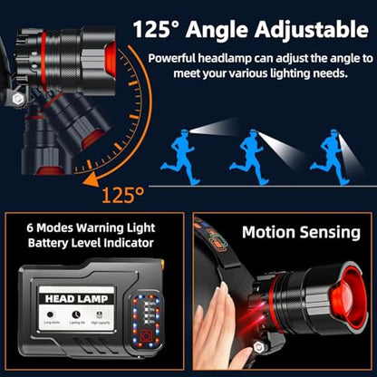 UVER Rechargeable LED Headlamp 125° Wide Angle LED Headlamp Rechargeable, Super Bright 90000LM Head Lamp with 8 Light Modes, IPX7 Waterproof Headlight for Camping Hiking Running Fishing Work