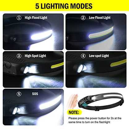 AURUZA 2PCS Headlamp Flashlight, Rechargeable LED Headlamps 2 COB 230°Wide Beam Headlight with Motion Sensor Bright 5 Modes Lightweight Waterproof Head Lamp for Outdoor Running, Camping Hiking