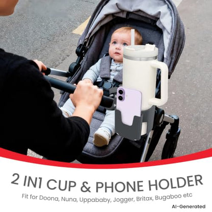 Stroller Cup Holder Attachment with Phone Holder Grey