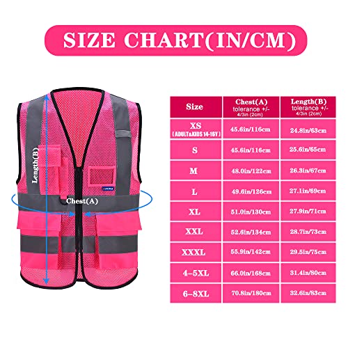 A-SAFETY Hi-Vis Reflective Mesh Vest with 7 Pockets, Zipper, Pink, 6XL-8XL - color: Pink Mesh, size: 6X-Large