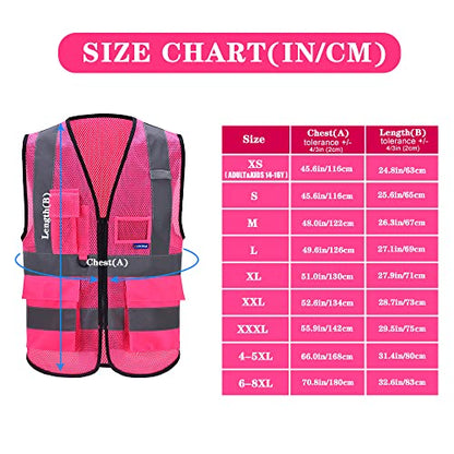 A-SAFETY Hi-Vis Reflective Mesh Vest with 7 Pockets, Zipper, Pink, 6XL-8XL - color: Pink Mesh, size: 6X-Large