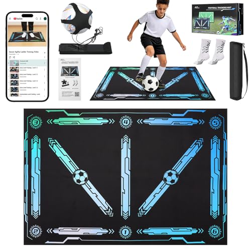 MoKo 35'' × 24'' Soccer Training Mat with Video, Soccer Training Equipment Improve Strength, Agility and Coordination, Non-Slip Socks, Storage Bag, Portable Silent Footwork Mat Gift for Players - color: Black