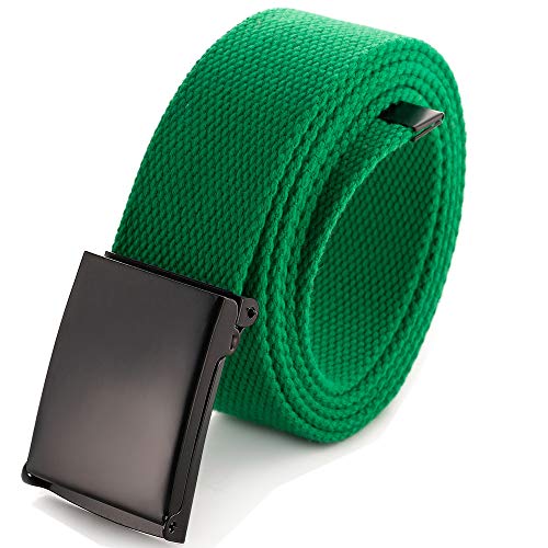Mile High Life Cut To Fit Canvas Web Belt Size Up to 52" with Flip-Top Solid Black Military Buckle - color: 1 Pack Green