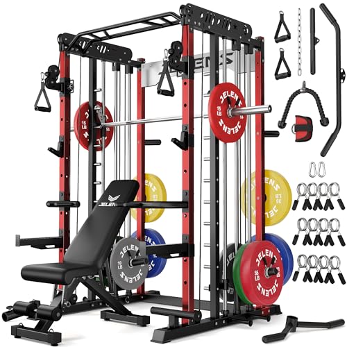 JELENS Smith Machine for Home Gym, Multi-Function M12 Power Cage with Cable Crossover System, Squat Rack with Smith Bar and More Attachment - color: Red, size: 370LB Colored Weights Package