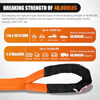 Nilight Kinetic Recovery Rope Kit with Soft Shackle Towing Strap - color: 1/8inx30ft Rope+ 2 Pcs Soft Shackle
